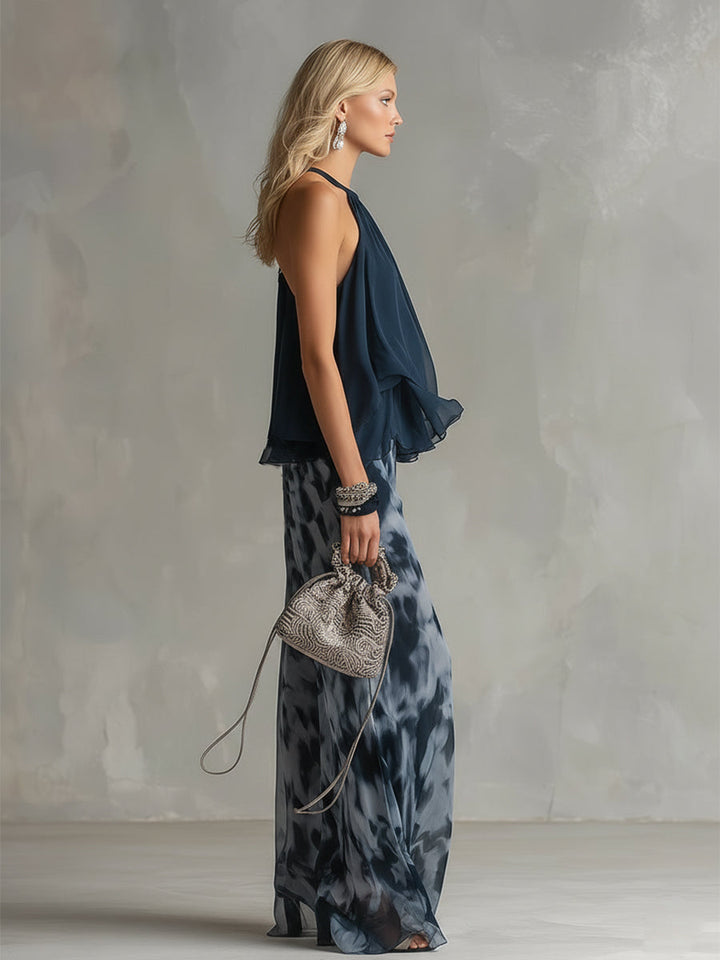 Ludovica | elegante in chiffon con top a collo alto e pantaloni larghi stampati