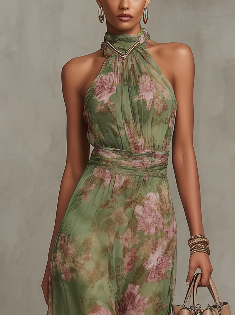 Serena | Abito lungo verde floreale in chiffon con scollo a halter