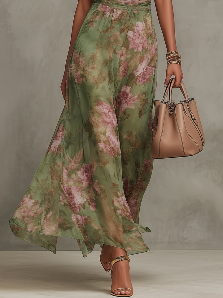Serena | Abito lungo verde floreale in chiffon con scollo a halter