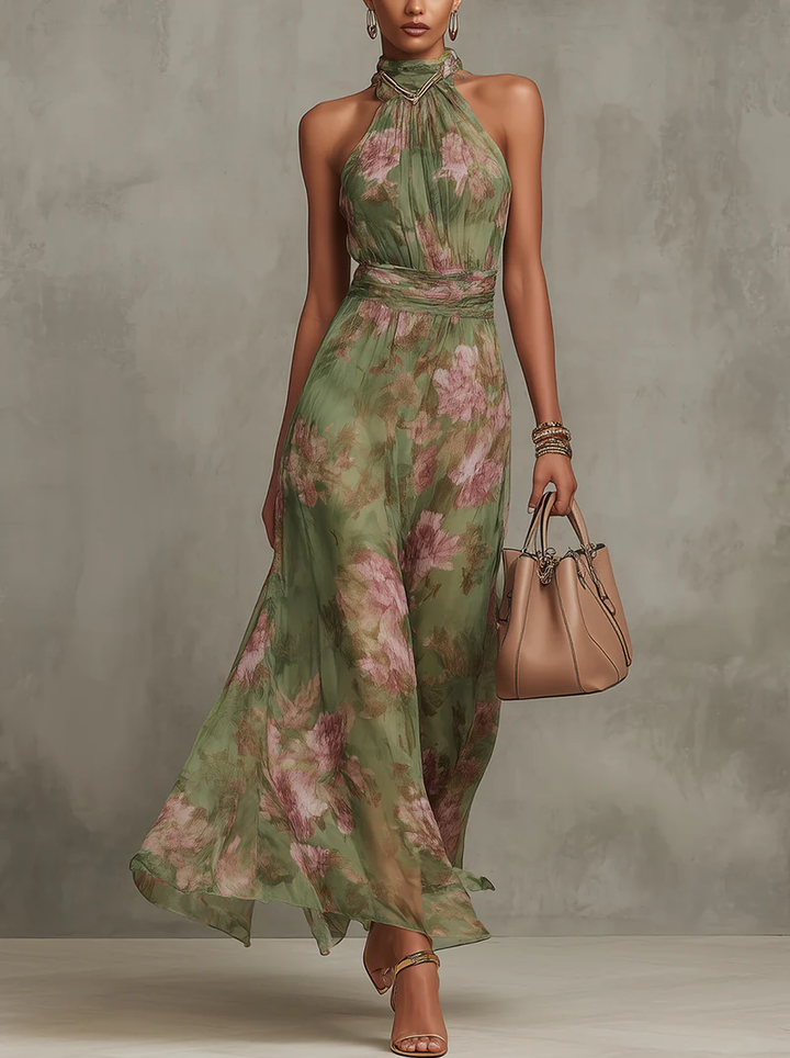 Serena | Abito lungo verde floreale in chiffon con scollo a halter