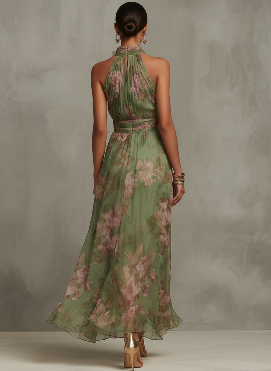 Serena | Abito lungo verde floreale in chiffon con scollo a halter