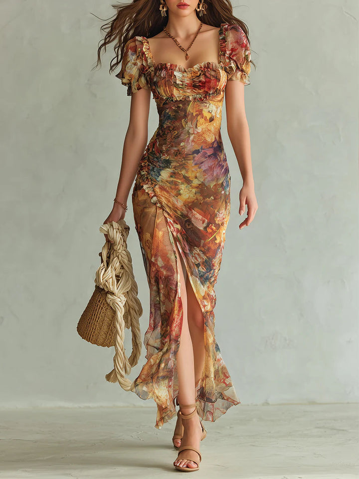 Viola | Abito lungo in chiffon arancione con stampa a olio in stile bohemien