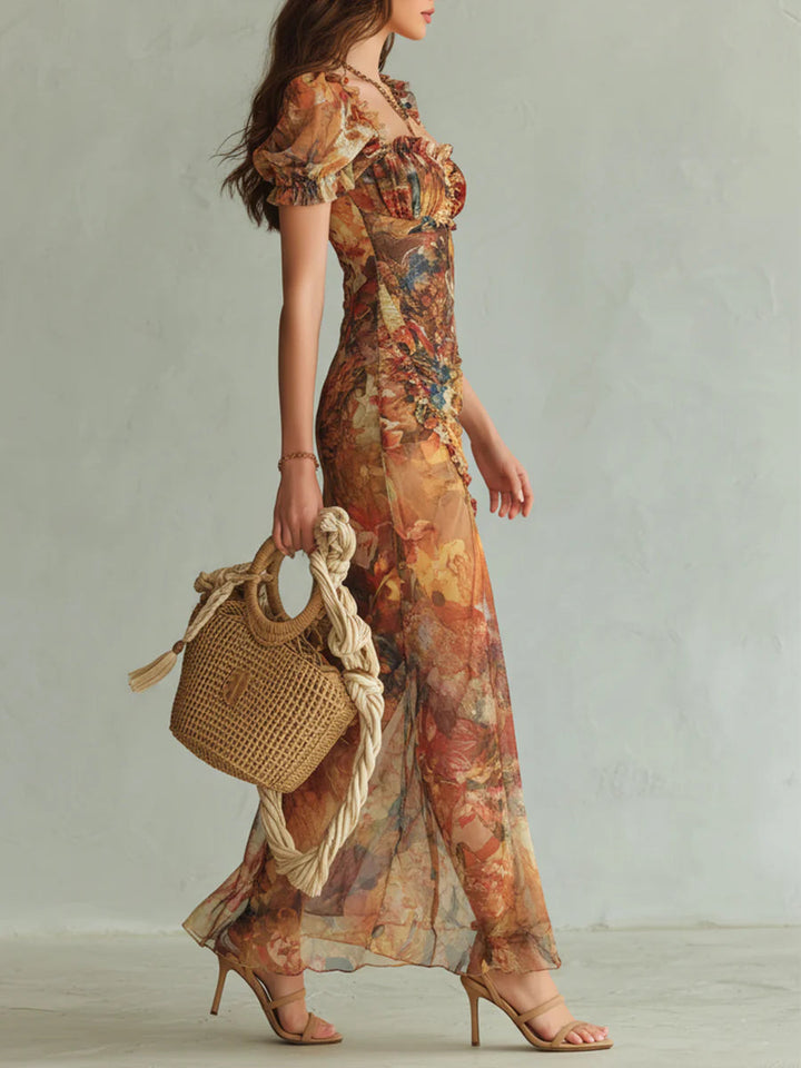 Viola | Abito lungo in chiffon arancione con stampa a olio in stile bohemien
