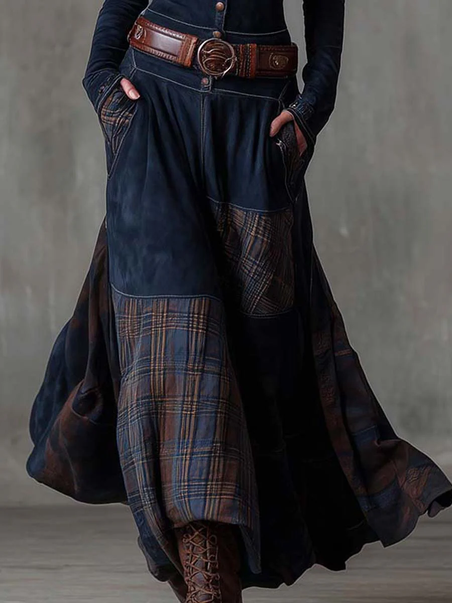Martina · Vestito lungo vintage in camoscio a quadri blu navy