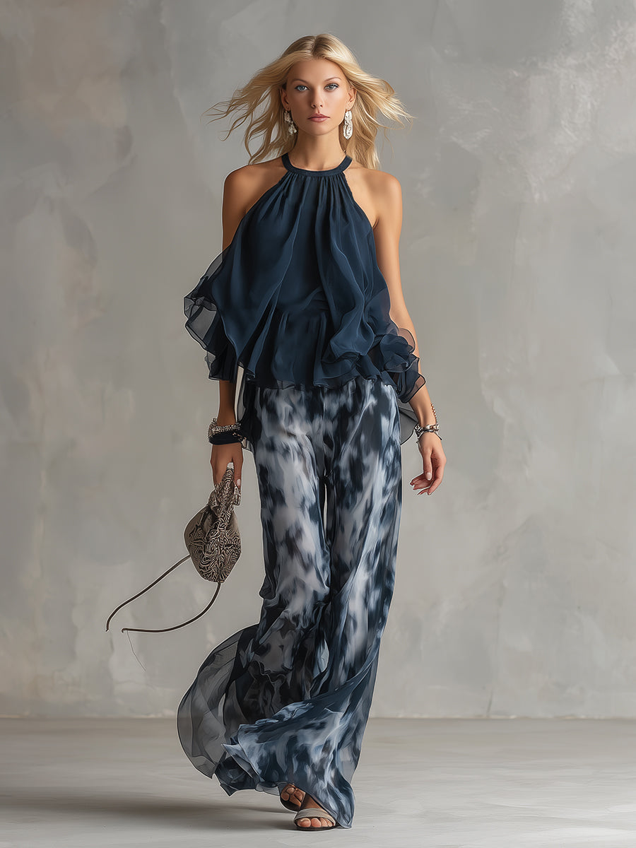 Ludovica | elegante in chiffon con top a collo alto e pantaloni larghi stampati