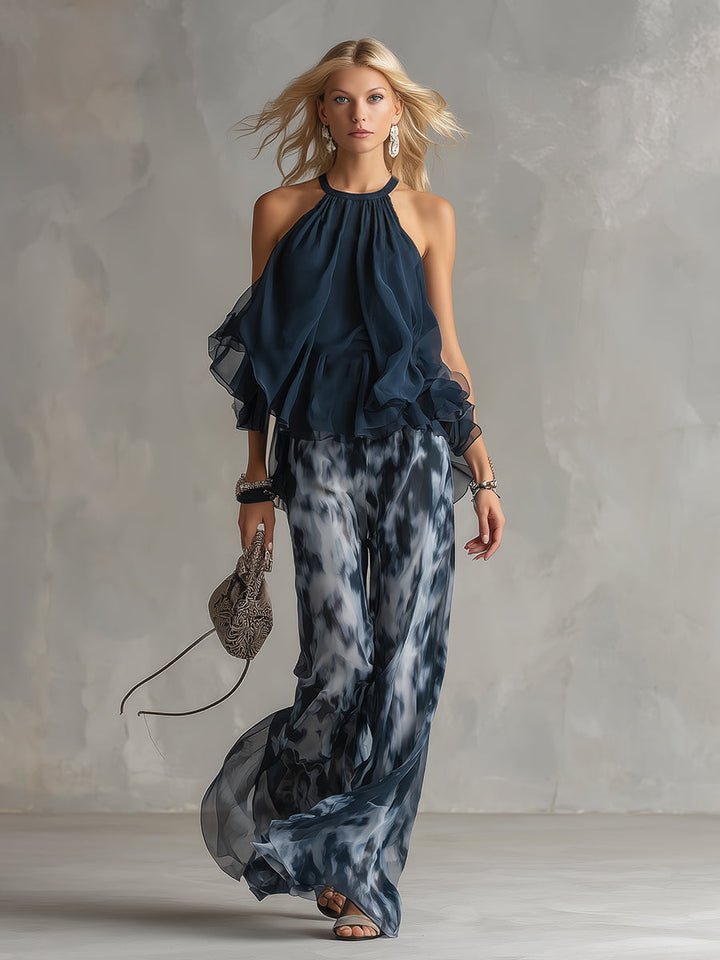 Ludovica | elegante in chiffon con top a collo alto e pantaloni larghi stampati
