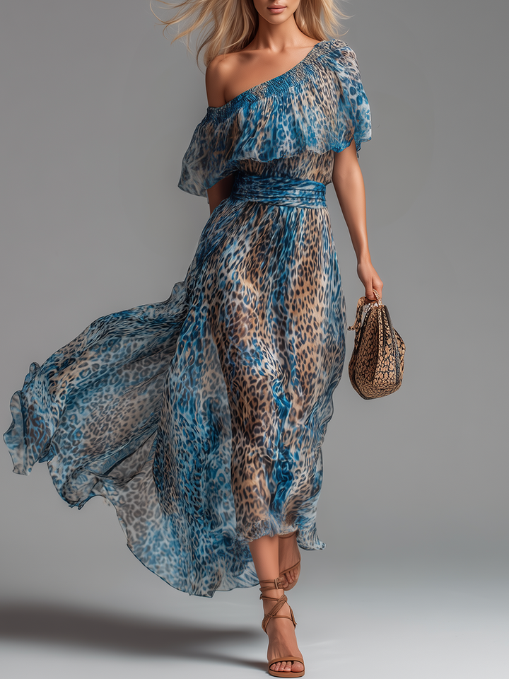 Selvaggia | Abito lungo in chiffon con stampa leopardata e spalle scoperte