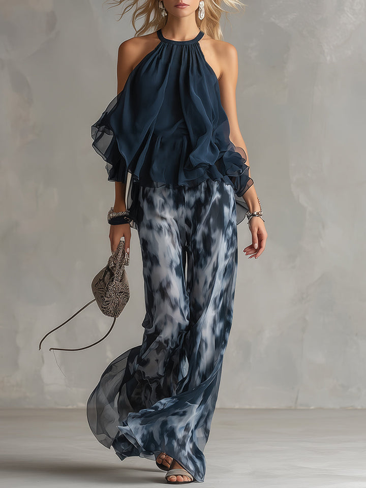 Ludovica | elegante in chiffon con top a collo alto e pantaloni larghi stampati
