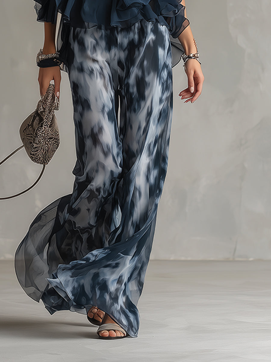 Ludovica | elegante in chiffon con top a collo alto e pantaloni larghi stampati