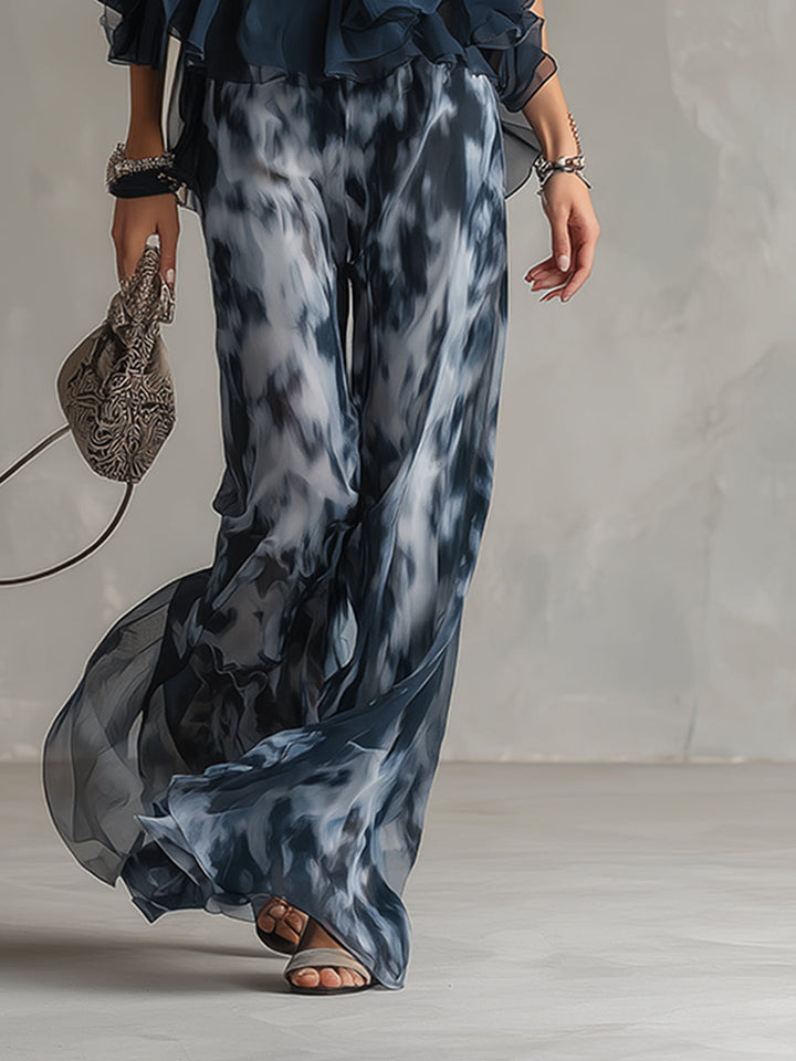Ludovica | elegante in chiffon con top a collo alto e pantaloni larghi stampati