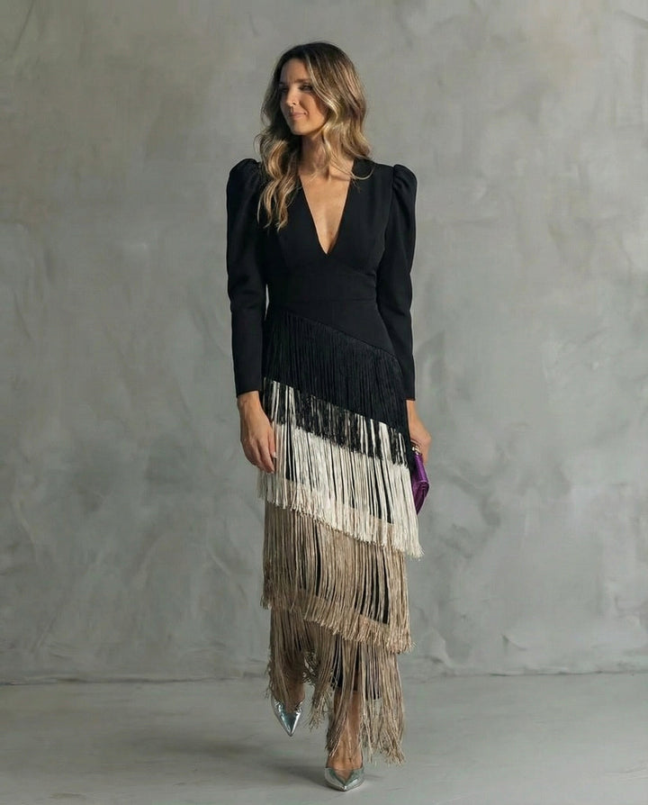 Rosanna | Abito midi elegante con maniche a frange