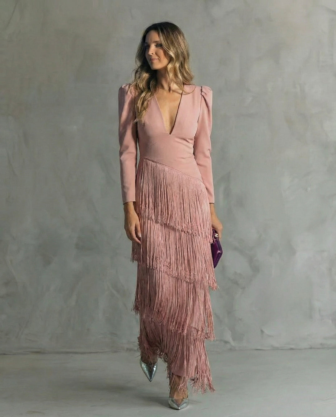 Rosanna | Abito midi elegante con maniche a frange