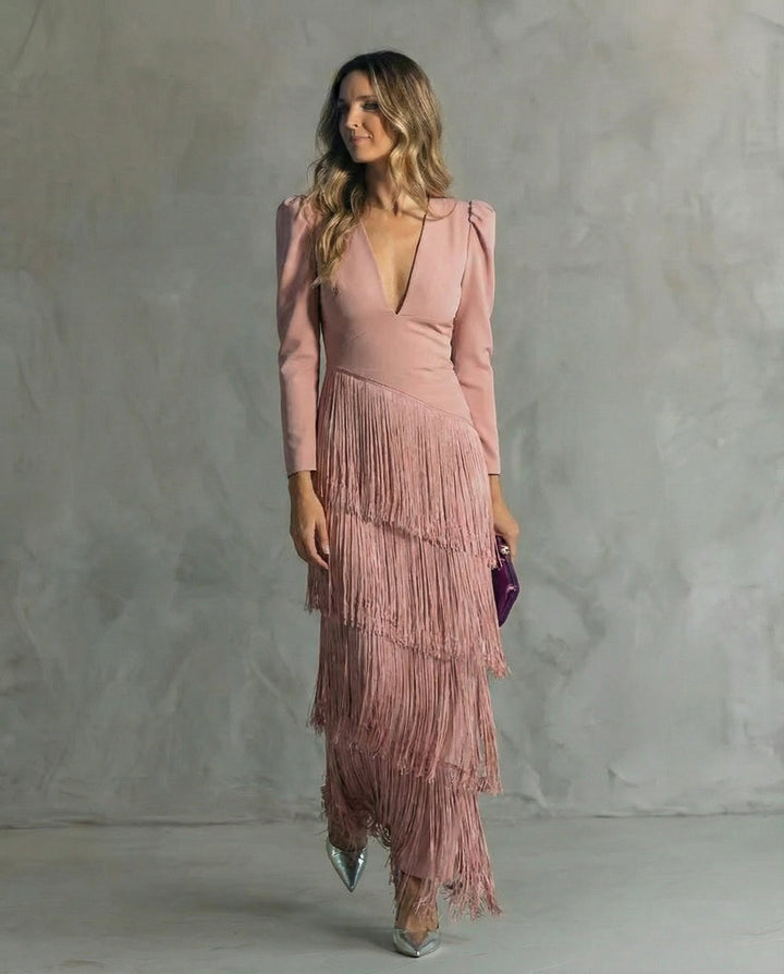 Rosanna | Abito midi elegante con maniche a frange