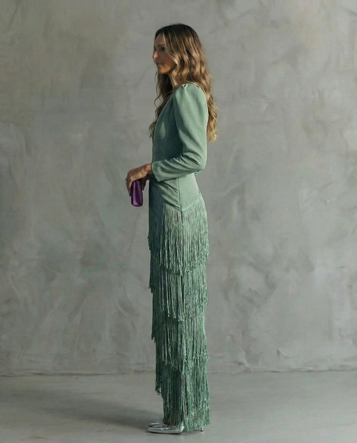 Rosanna | Abito midi elegante con maniche a frange