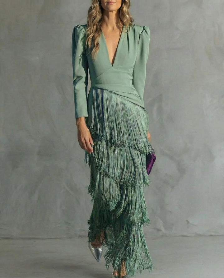 Rosanna | Abito midi elegante con maniche a frange